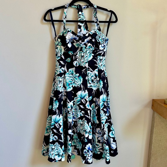 Vintage Blue Black Floral Pin Up Style Halter Dress - Picture 2 of 7